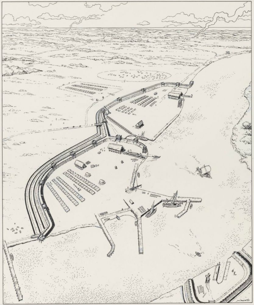 Reconstructietekening van het Romeinse fort Castellum Flevum (Velsen I) aan het Oer-IJ bij Velsen. Door B. Bus. Bron: Provinciale Atlas Noord-Holland. Collectie: Gemeente Velsen.