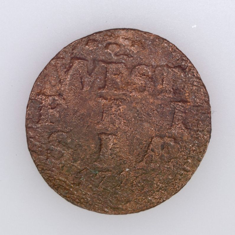 Koperen duit uit 1716 met de tekst West Frisiae 1716 (afkomstig uit West-Friesland).