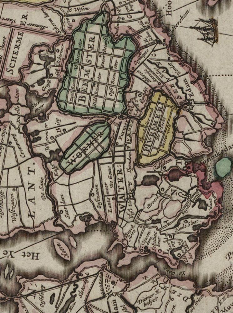 Deel van de kaart van Noord-Holland door Johan Blaeu uit 1640 met drooggelegde meren.