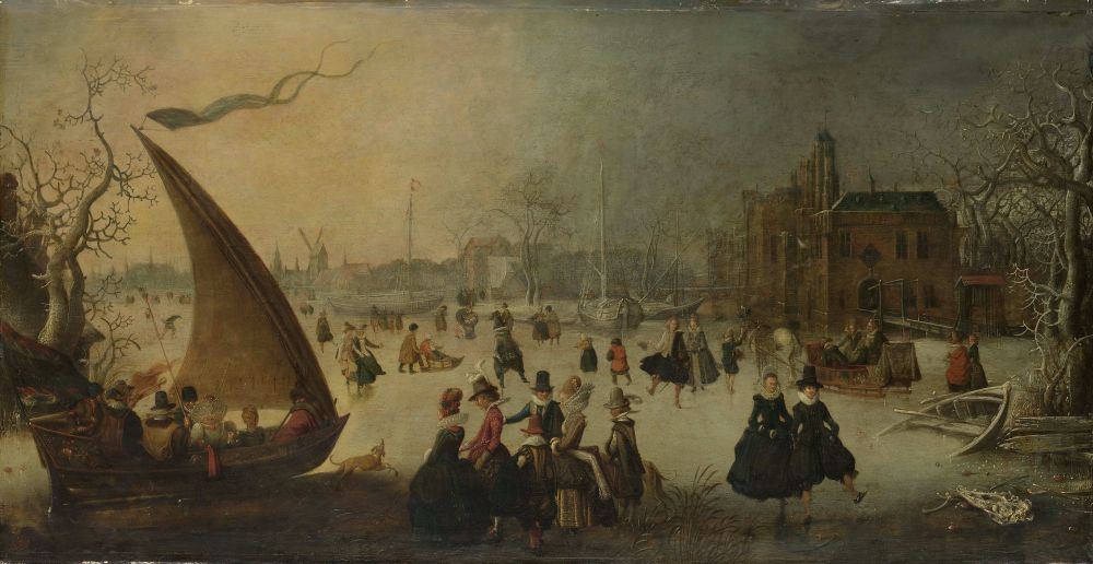 Landschap met een bevroren gracht, schaatsers en een ijsschuit, Adam van Breen (kopie naar David Vinckboons), ca. 1611