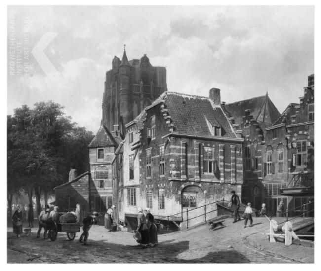 Fantasie-stadsgezicht met de kerktoren van Wijk bij Duurstede, Cornelis Springer, 1855.